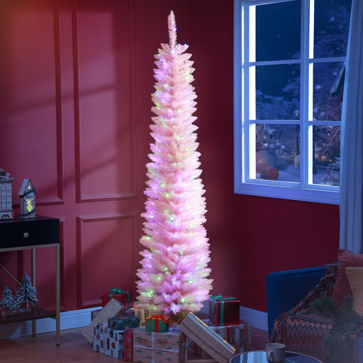 7FT Pink Pencil Pre - Lit Artificial Christmas Tree — 250 Multicolor LEDs, 8 Modes, 500 Tips, Slim - Monsta Online