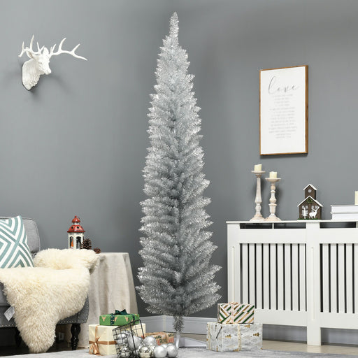 7FT Silver Pencil Artificial Christmas Tree — 499 Tips, Unlit, Slim Space - Saving, Plastic Stand - Monsta Online