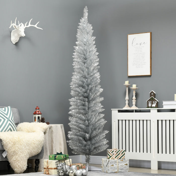 7FT Silver Pencil Artificial Christmas Tree — 499 Tips, Unlit, Slim Space - Saving, Plastic Stand - Monsta Online