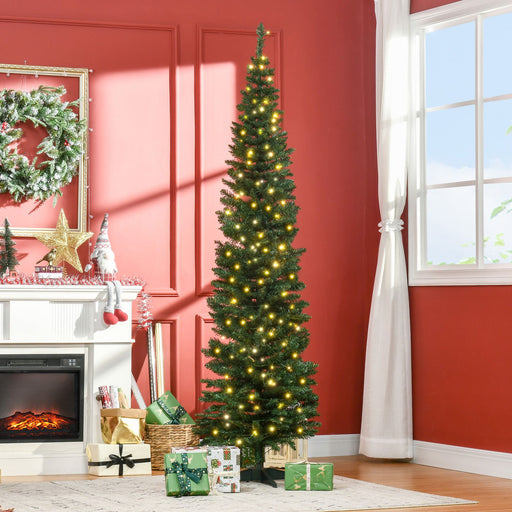 7FT Noble Fir Pencil Pre - Lit Artificial Christmas Tree — 200 Warm White LEDs, 499 Tips, Slim Space - Saving - Monsta Online