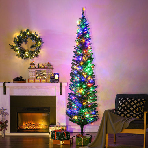 7FT Pencil Pre - Lit Artificial Christmas Tree — 180 Multi - Color LEDs, 499 Tips, Pine Cones, Steel Base - Monsta Online