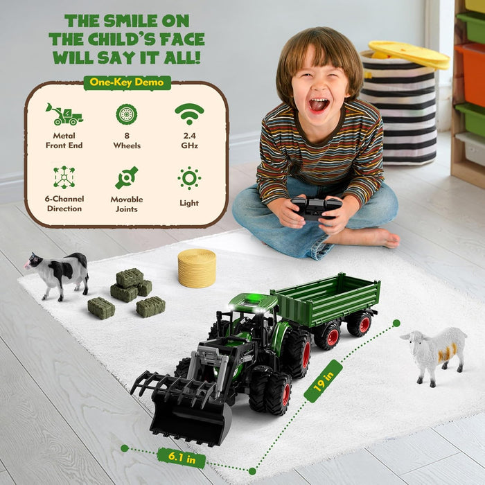 Premium 8 - Wheel RC Tractor Set with Trailer & Front Loader – Metal Head Farm Truck with Lights for Kids - Monsta Online
