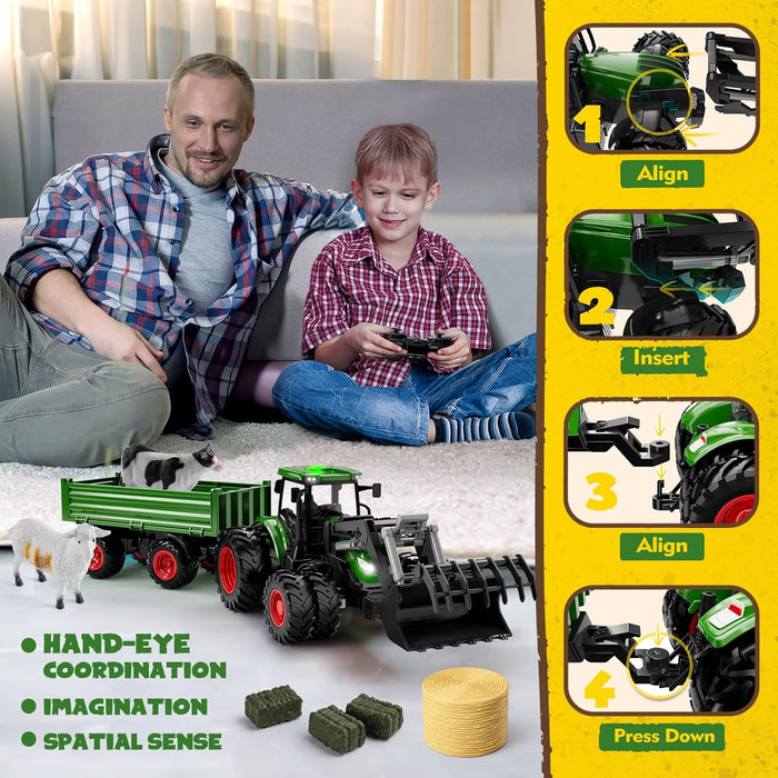 Premium 8 - Wheel RC Tractor Set with Trailer & Front Loader – Metal Head Farm Truck with Lights for Kids - Monsta Online