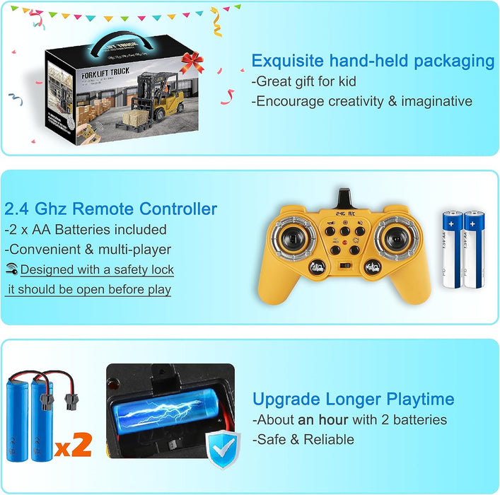 1:24 Scale RC Forklift Truck - 11 Channel Remote Control Toy with Lights, Spray for Kids & Adults with Dual Batteries - Monsta Online