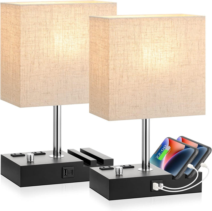Fully Dimmable Bedside Table Lamp with Power Outlets USB Ports and Wooden Base - Monsta Online