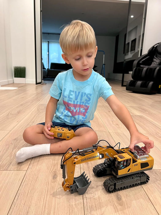 RC Excavator Toy 1:20 Scale for Kids Ages 3+ - Easy to Use, Dual Batteries, Lights & Sounds - Monsta Online
