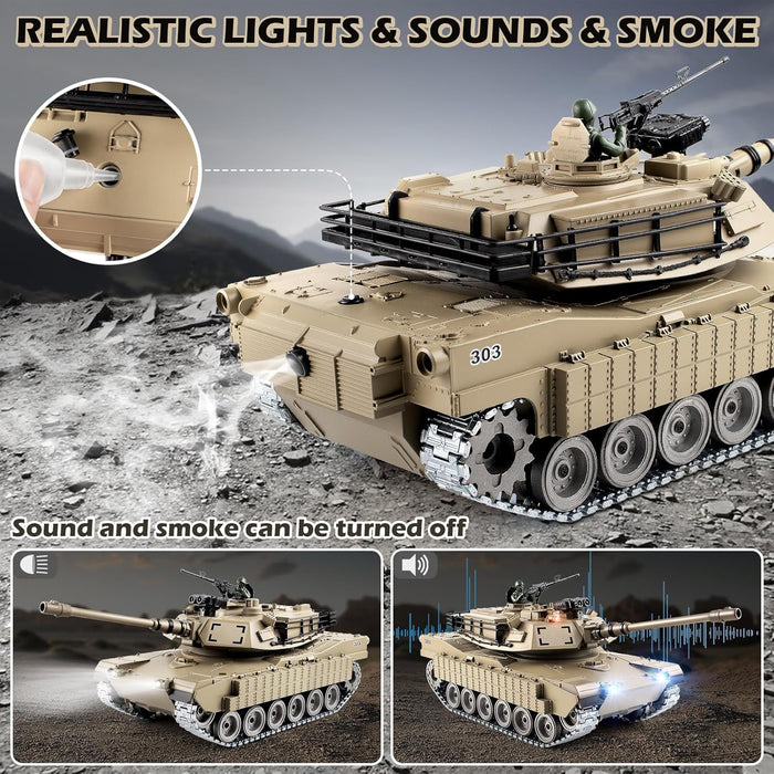 1:18 RC M1A2 Abrams Metal Battle Tank — Shoots BBs & Water | Smoke, Sound, Lights | 2.4GHz | Dual Batteries - Monsta Online