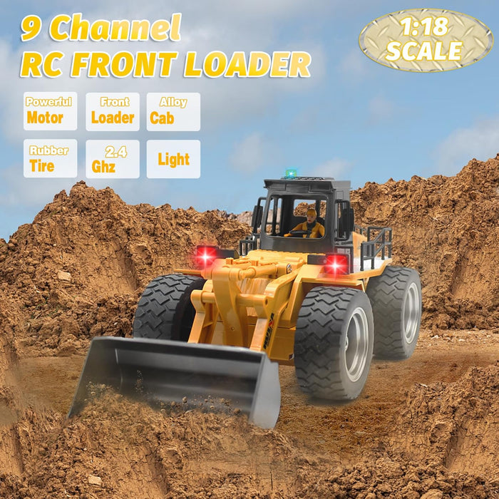 1:18 Scale 4WD RC Front Loader with Lights - 9 Channel Toy Tractor with Dual Batteries for Kids - Monsta Online