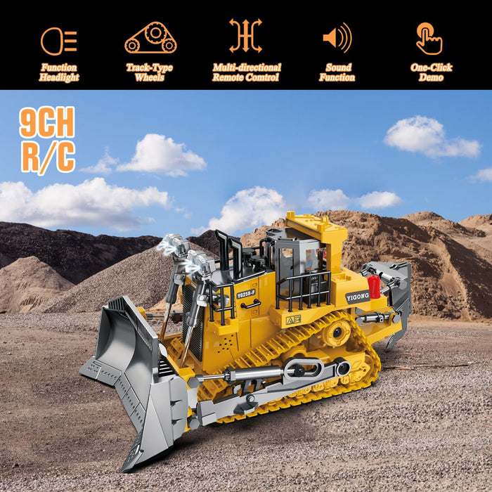 1:24 Scale 9 Channel Remote Control Bulldozer Toy with Metal Shovel and Dual Batteries Lights & Sounds for Kids - Monsta Online
