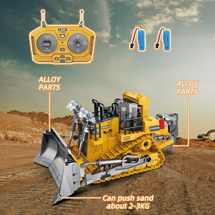 1:24 Scale 9 Channel Remote Control Bulldozer Toy with Metal Shovel and Dual Batteries Lights & Sounds for Kids - Monsta Online