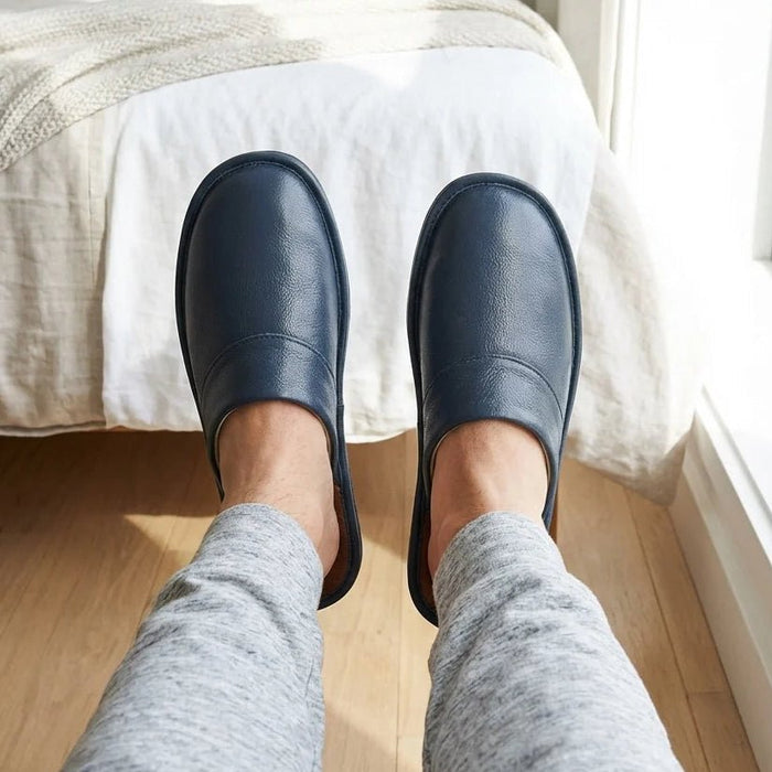 Men's Black Cowhide Leather Slippers – Arch Support, Non - Slip & Lightweight Footwear - Monsta Online