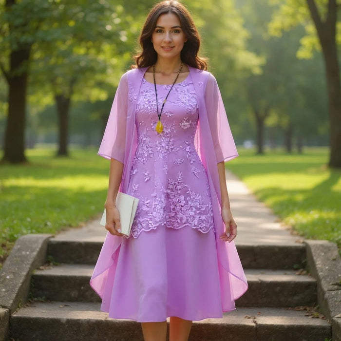 Women's Two - Piece Chiffon Dress Set – Elegant 3/4 Sleeve Patchwork Outfit - Monsta Online