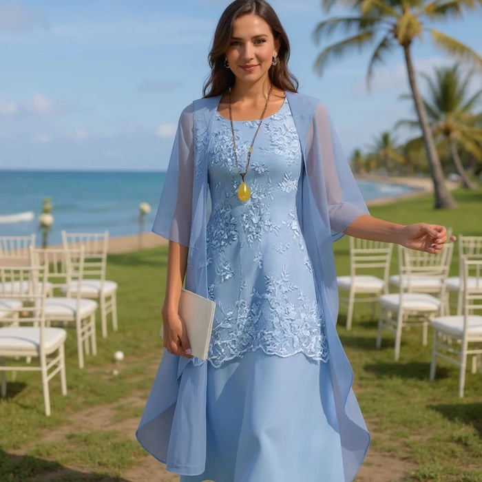 Women's Two - Piece Chiffon Dress Set – Elegant 3/4 Sleeve Patchwork Outfit - Monsta Online
