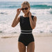 Women's Striped Monokini Swimsuit – Round Neckline, Built - In Padding & Flattering Fit - Monsta Online