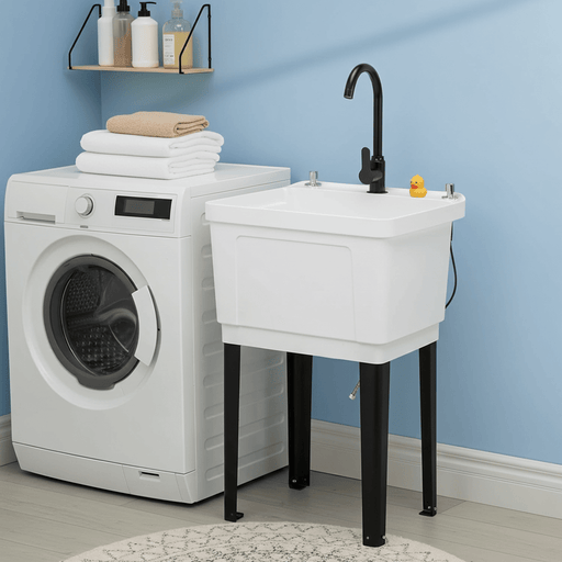 1 - Basin Freestanding Utility Laundry Sink with Stainless Steel Faucet and Drainboard - Monsta Online