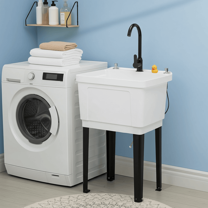 1 - Basin Freestanding Utility Laundry Sink with Stainless Steel Faucet and Drainboard - Monsta Online