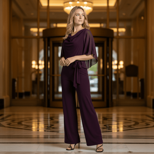 Women's Wide - Leg Jumpsuit – Cascading Neckline, Sheer Sleeves & Lace - Up Waist - Monsta Online