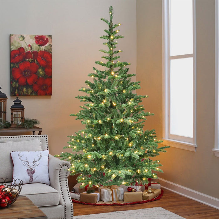 8FT Pre - Lit Artificial Christmas Tree — 500 Warm LED, Wooden Base, 1307 Tips, PE+PVC, Rustic Style - Monsta Online