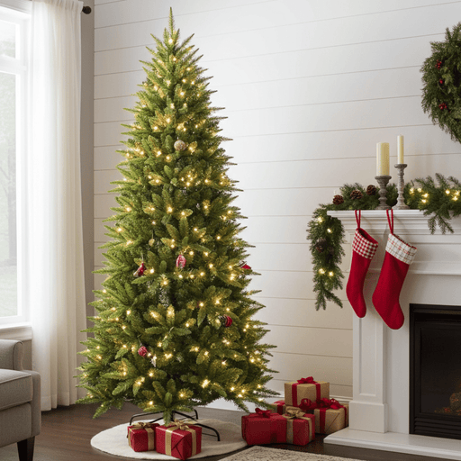 8FT Pre - Lit Pencil Artificial Christmas Tree — 1612 Tips, 500 LED Lights, PE & PVC Mixed, Metal Stand - Monsta Online