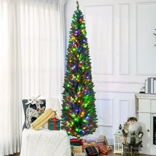 8FT Pre - Lit Pencil Artificial Christmas Tree — 250 Multi - Color LED Lights, 668 Tips, Slim, Steel Base - Monsta Online