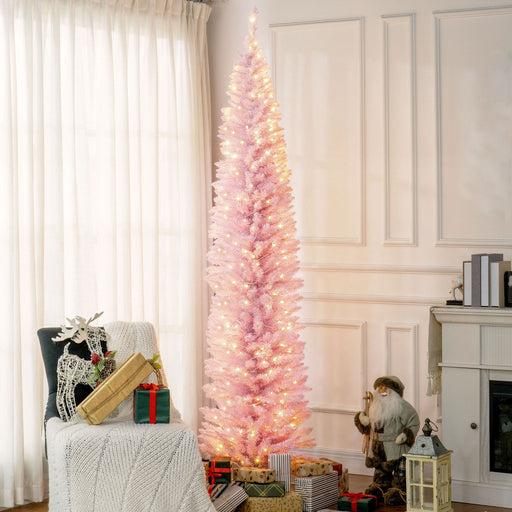 8FT Pink Pre - Lit Pencil Artificial Christmas Tree — 300 Warm White LEDs, 618 Tips, Slim, Steel Base - Monsta Online