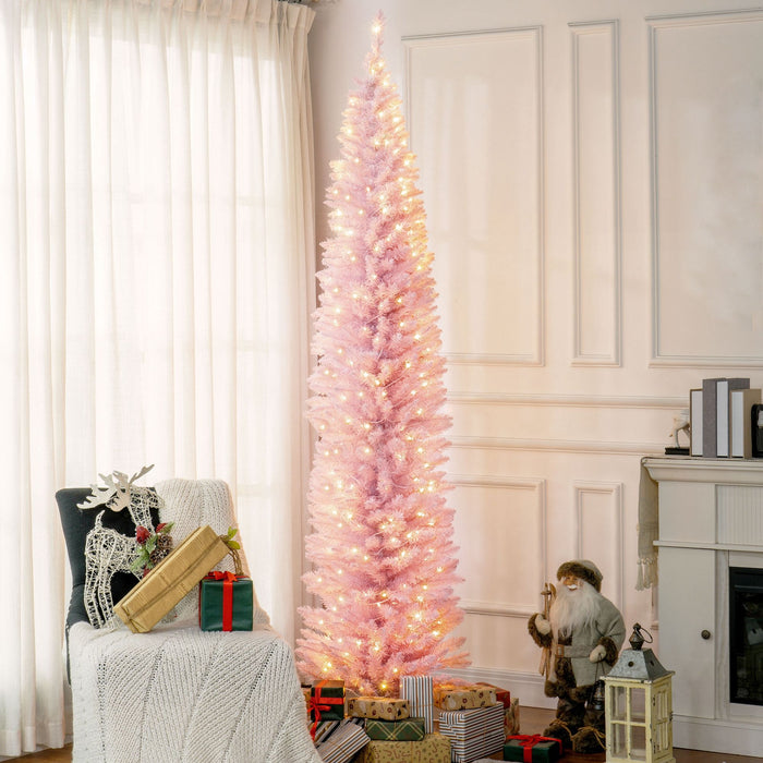 8FT Pink Pre - Lit Pencil Artificial Christmas Tree — 300 Warm White LEDs, 618 Tips, Slim, Steel Base - Monsta Online
