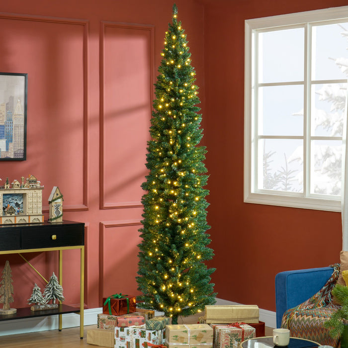 8FT Pencil Pre - Lit Artificial Christmas Tree — 300 Warm White LEDs, 618 Tips, Slim, Green - Monsta Online