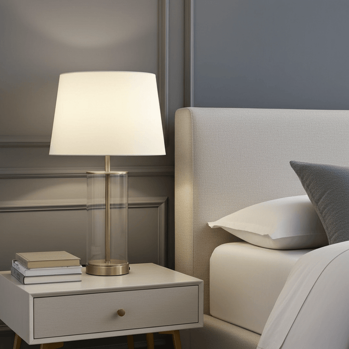 Premium 23" Brass Table Lamp with Glass Accent Base and Soft Fabric Shade - Monsta Online