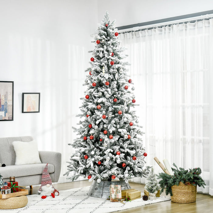 9FT Flocked Artificial Christmas Tree — 2068 Downswept Cedar Tips, Snow, Unlit, Auto - Open, Steel Base - Monsta Online