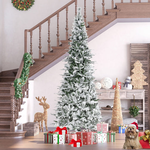 9FT Flocked Artificial Christmas Tree — 1159 Snow Pine Tips, Unlit, Auto - Open, Realistic, Metal Base - Monsta Online