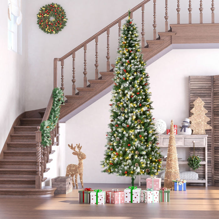 9FT Slim Snow Flocked Pre - Lit Artificial Christmas Tree — 460 Warm White LEDs, 1298 Tips, Pine Cones, Berries - Monsta Online