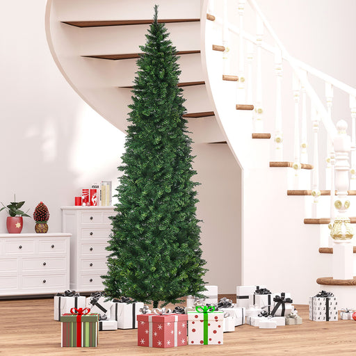 9FT Pencil Artificial Christmas Tree — 1075 Tips, Auto - Open Hinged, Unlit, Pine Needles, Steel Base - Monsta Online