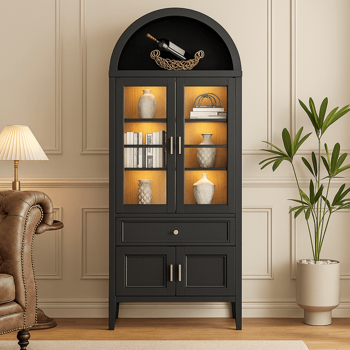 Luxury 71" Wooden Arch Display Storage Cabinet With Glass Doors and LED Lights - Monsta Online