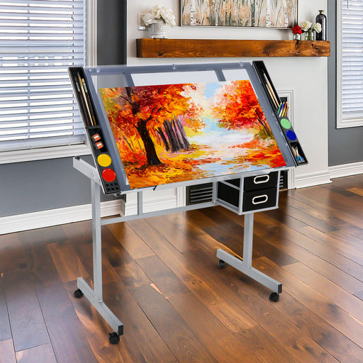 Adjustable Rolling Drawing Drafting Table - Tempered Glass Art Craft Work Station - Monsta Online