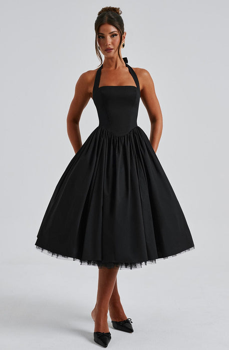 Aurelis Halter - Neck Dress – Women's Elegant Structured Flared Midi Dress - Monsta Online