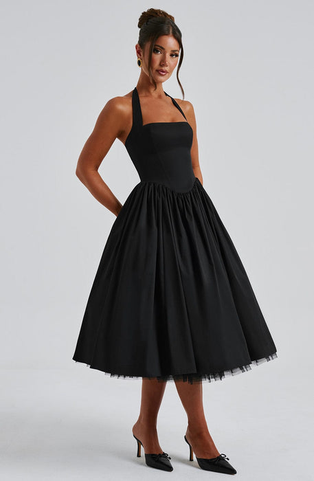 Aurelis Halter - Neck Dress – Women's Elegant Structured Flared Midi Dress - Monsta Online