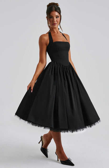 Aurelis Halter - Neck Dress – Women's Elegant Structured Flared Midi Dress - Monsta Online