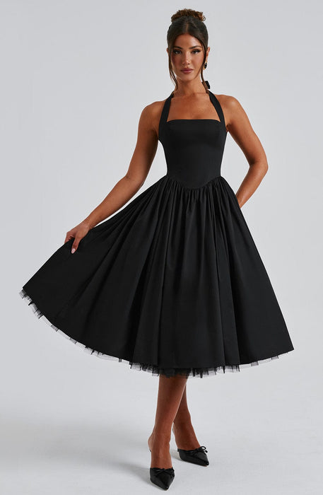 Aurelis Halter - Neck Dress – Women's Elegant Structured Flared Midi Dress - Monsta Online
