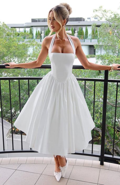 Aurelis Halter - Neck Dress – Women's Elegant Structured Flared Midi Dress - Monsta Online