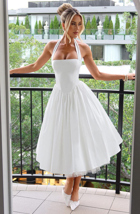 Aurelis Halter - Neck Dress – Women's Elegant Structured Flared Midi Dress - Monsta Online