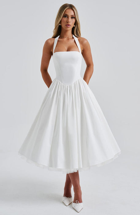 Aurelis Halter - Neck Dress – Women's Elegant Structured Flared Midi Dress - Monsta Online