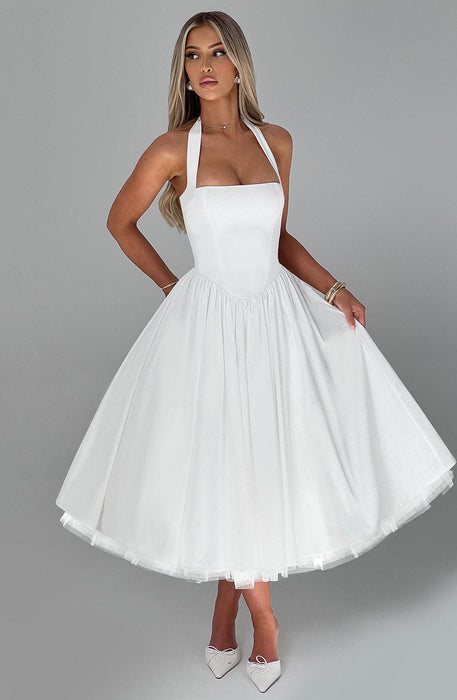 Aurelis Halter - Neck Dress – Women's Elegant Structured Flared Midi Dress - Monsta Online