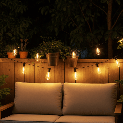 Beige outdoor sofa with string lights in a garden setting