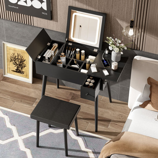 Black Vanity Desk with Flip - Up Lighted Mirror, Charging Station and Cushioned Stool - Monsta Online