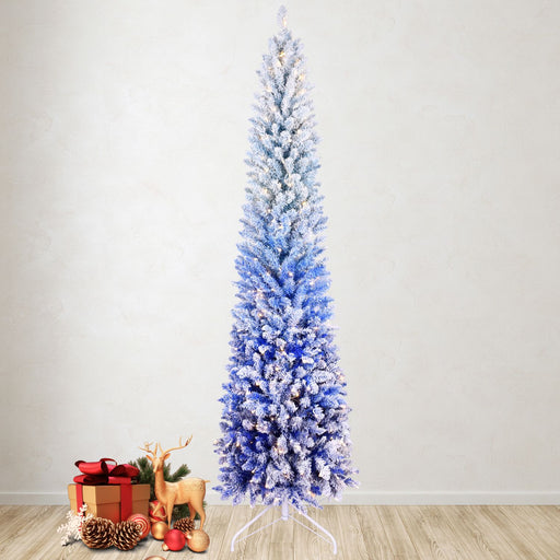 6FT Pre - Lit Blue Flocked Pencil Christmas Tree — 200 Warm LED, 485 Tips, Slim, Metal Stand - Monsta Online