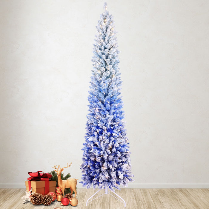 6FT Pre - Lit Blue Flocked Pencil Christmas Tree — 200 Warm LED, 485 Tips, Slim, Metal Stand - Monsta Online
