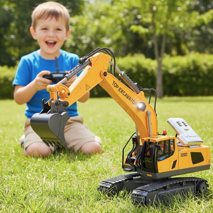RC Excavator Toy 1:20 Scale for Kids Ages 3+ - Easy to Use, Dual Batteries, Lights & Sounds - Monsta Online