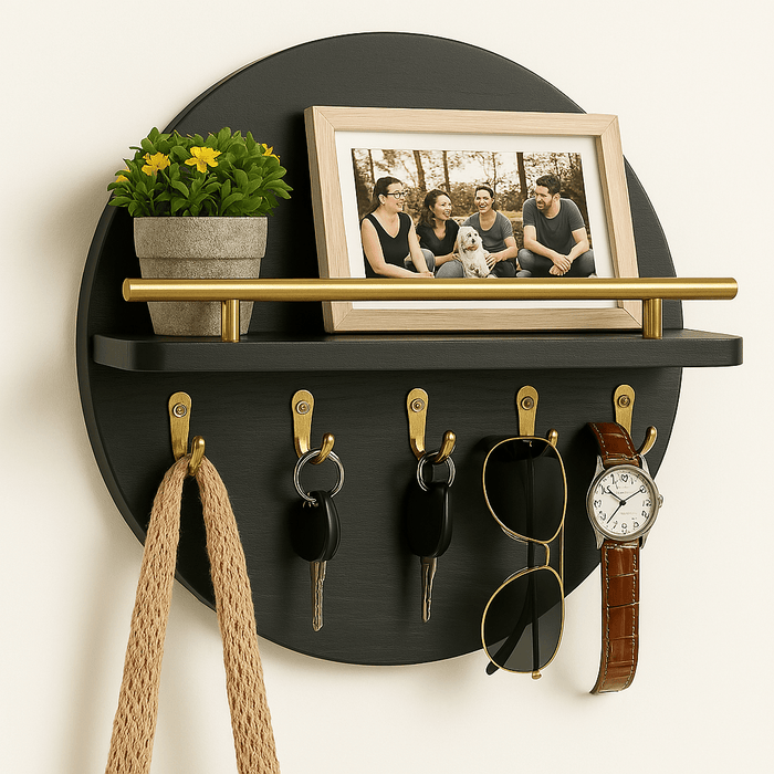 Round Wooden Key Holder – Eco - Friendly Wall Organizer with Hooks & Shelf for Entryway - Monsta Online