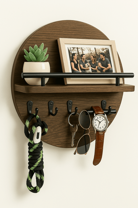 Round Wooden Key Holder – Eco - Friendly Wall Organizer with Hooks & Shelf for Entryway - Monsta Online
