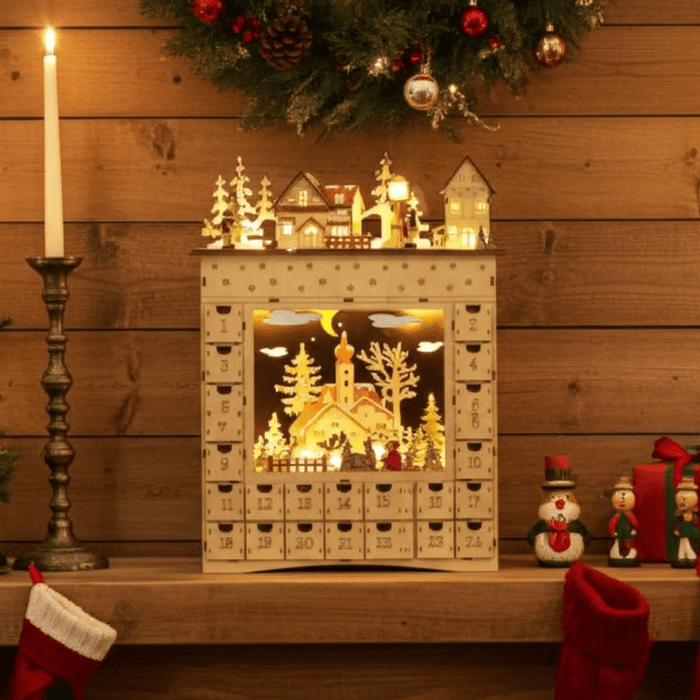 Light Up Christmas Wooden Advent Calendar Holiday Village Scene with 24 Drawers - Monsta Online